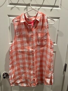 Isaac Mizrahi Coral and White Gingham Linen Shirt